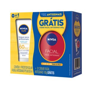 Kit Nivea Sun Protetor Solar Facial Toque Seco Antissinais FPS60 50ml + Creme Facial Antissinais 100g